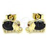 Oro Laminado Stud Earring, Gold Filled Style Elephant Design, with Black Cubic Zirconia and Garnet Micro Pave, Polished, Golden Finish, 02.210.0371.2