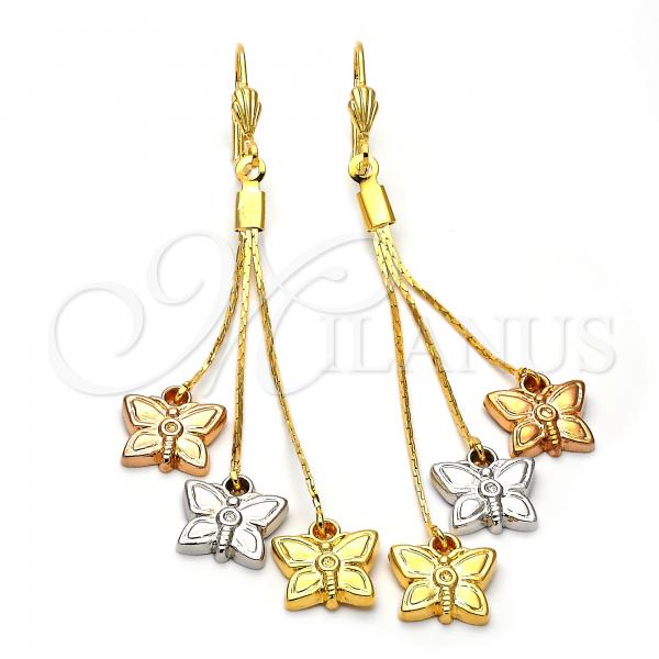 Oro Laminado Long Earring, Gold Filled Style Butterfly Design, Diamond Cutting Finish, Tricolor, 5.071.002