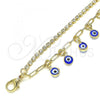 Oro Laminado Charm Bracelet, Gold Filled Style Evil Eye and Paperclip Design, with White Crystal, Blue Resin Finish, Golden Finish, 03.372.0012.08
