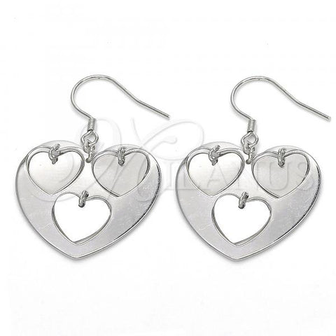 Sterling Silver Dangle Earring, Heart Design, Polished, Rhodium Finish, 02.183.0033