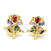 Oro Laminado Stud Earring, Gold Filled Style Flower Design, with Multicolor Cubic Zirconia, Polished, Golden Finish, 02.387.0077