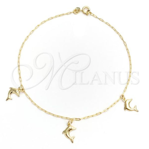 Oro Laminado Charm Anklet , Gold Filled Style Dolphin and Paperclip Design, Polished, Golden Finish, 03.02.0060.10
