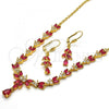Oro Laminado Necklace and Earring, Gold Filled Style Teardrop and Leaf Design, with Ruby and White Cubic Zirconia, Polished, Golden Finish, 06.221.0004