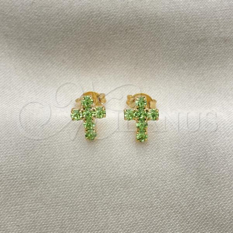 Oro Laminado Stud Earring, Gold Filled Style Cross Design, with Light Green Cubic Zirconia, Polished, Golden Finish, 02.02.0523.4
