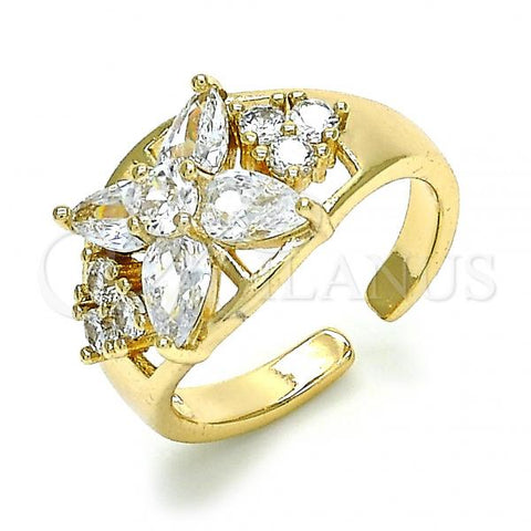 Oro Laminado Multi Stone Ring, Gold Filled Style Flower Design, with White Cubic Zirconia, Polished, Golden Finish, 01.210.0081.1 (One size fits all)