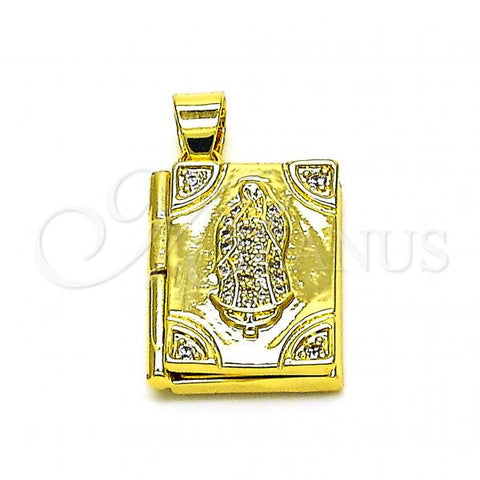 Oro Laminado Locket Pendant, Gold Filled Style Guadalupe Design, with White Micro Pave, Polished, Golden Finish, 05.341.0076