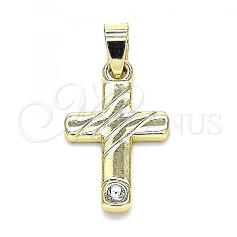 Oro Laminado Religious Pendant, Gold Filled Style Cross Design, with White Crystal, Polished, Golden Finish, 05.213.0079