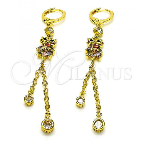 Oro Laminado Long Earring, Gold Filled Style Owl and Rolo Design, with Multicolor Cubic Zirconia, Polished, Golden Finish, 02.316.0093.1