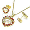 Oro Laminado Earring and Pendant Adult Set, Gold Filled Style Heart and Love Design, with Garnet Cubic Zirconia, Polished, Golden Finish, 10.156.0412.1