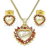 Oro Laminado Earring and Pendant Adult Set, Gold Filled Style Heart and Love Design, with Garnet Cubic Zirconia, Polished, Golden Finish, 10.156.0412.1