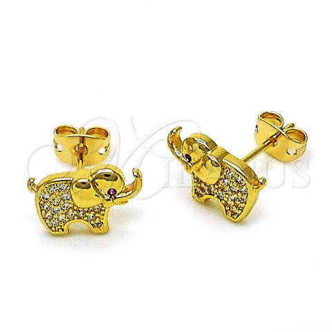 Oro Laminado Stud Earring, Gold Filled Style Elephant Design, with White and Ruby Micro Pave, Polished, Golden Finish, 02.342.0271