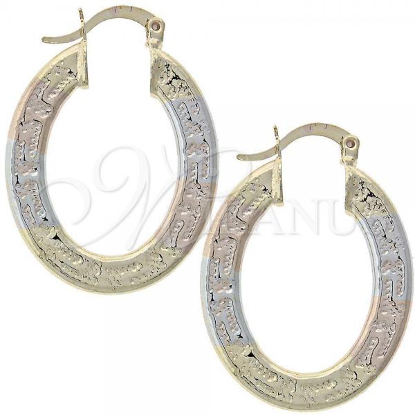 Oro Laminado Medium Hoop, Gold Filled Style Greek Key Design, Diamond Cutting Finish, Tricolor, 5.149.030.1