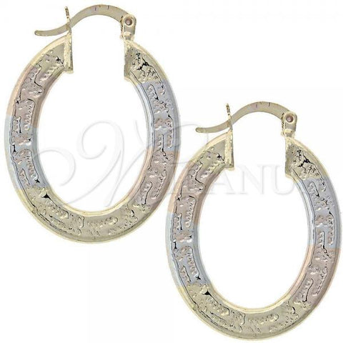 Oro Laminado Medium Hoop, Gold Filled Style Greek Key Design, Diamond Cutting Finish, Tricolor, 5.149.030.1