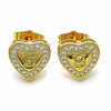 Oro Laminado Stud Earring, Gold Filled Style Heart and Love Design, with White Micro Pave, Polished, Golden Finish, 02.344.0024