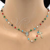 Oro Laminado Thin Rosary, Gold Filled Style Caridad del Cobre and Crucifix Design, with Multicolor Azavache, Polished, Golden Finish, 09.63.0111.18