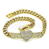 Oro Laminado Fancy Bracelet, Gold Filled Style Heart Design, with White Micro Pave, Polished, Golden Finish, 03.283.0069.07