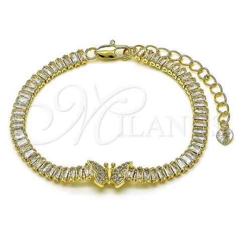 Oro Laminado Fancy Bracelet, Gold Filled Style Butterfly and Baguette Design, with White Cubic Zirconia and White Micro Pave, Polished, Golden Finish, 03.411.0033.07