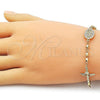 Oro Laminado Fancy Bracelet, Gold Filled Style Guadalupe and Crucifix Design, with White Cubic Zirconia, Diamond Cutting Finish, Golden Finish, 03.213.0361.07