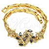 Oro Laminado Fancy Bracelet, Gold Filled Style Leaf and Fish Design, with Black and White Cubic Zirconia, Polished, Golden Finish, 03.210.0097.08