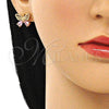 Oro Laminado Stud Earring, Gold Filled Style Butterfly Design, with Pink Cubic Zirconia, Polished, Golden Finish, 02.387.0007