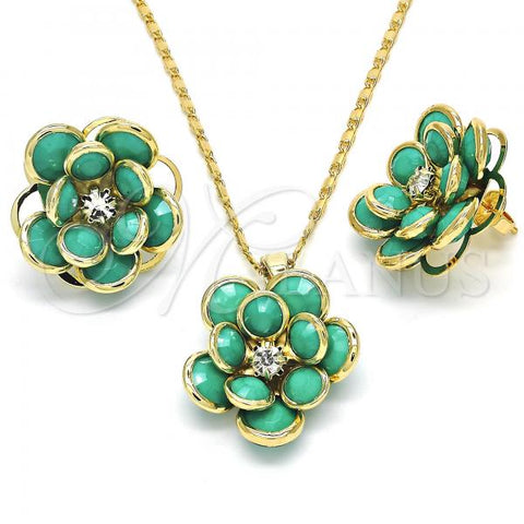 Oro Laminado Earring and Pendant Adult Set, Gold Filled Style Flower Design, with Turquoise and White Crystal, Polished, Golden Finish, 10.64.0156