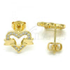 Oro Laminado Stud Earring, Gold Filled Style Heart Design, with White Micro Pave, Polished, Golden Finish, 02.156.0278