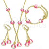 Oro Laminado Earring and Pendant Children Set, Gold Filled Style Ladybug Design, with White Crystal, Pink Enamel Finish, Golden Finish, 06.60.0005.1
