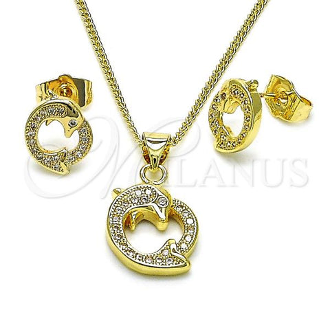 Oro Laminado Earring and Pendant Adult Set, Gold Filled Style Dolphin Design, with White Micro Pave, Polished, Golden Finish, 10.156.0485