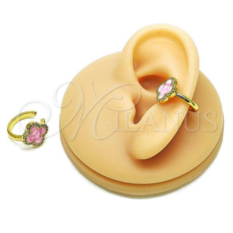 Oro Laminado Earcuff Earring, Gold Filled Style Four-leaf Clover Design, with White Micro Pave, Pink Enamel Finish, Golden Finish, 02.341.0229.4.15