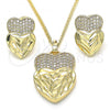 Oro Laminado Earring and Pendant Adult Set, Gold Filled Style Heart Design, with White Micro Pave, Diamond Cutting Finish, Golden Finish, 10.233.0040
