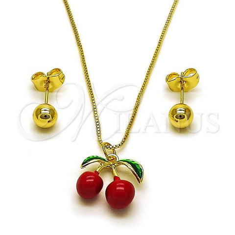 Oro Laminado Earring and Pendant Adult Set, Gold Filled Style Cherry and Ball Design, Red Enamel Finish, Golden Finish, 10.417.0027