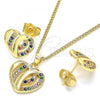 Oro Laminado Earring and Pendant Adult Set, Gold Filled Style Heart Design, with Multicolor Micro Pave, Polished, Golden Finish, 10.94.0002.2