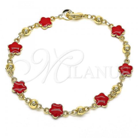 Oro Laminado Fancy Bracelet, Gold Filled Style Flower Design, Red Enamel Finish, Golden Finish, 03.213.0015.6.08