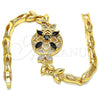 Oro Laminado Fancy Bracelet, Gold Filled Style Flower and Fish Design, with Black and White Cubic Zirconia, Polished, Golden Finish, 03.266.0029.1.07