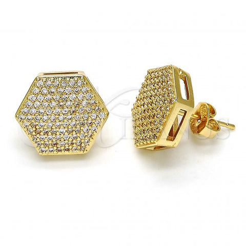 Oro Laminado Stud Earring, Gold Filled Style with White Micro Pave, Polished, Golden Finish, 02.156.0205