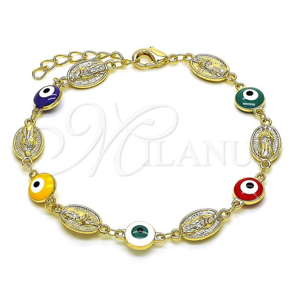 Oro Laminado Fancy Bracelet, Gold Filled Style Guadalupe and Evil Eye Design, Multicolor Enamel Finish, Golden Finish, 03.213.0224.2.07