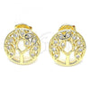 Oro Laminado Stud Earring, Gold Filled Style Tree Design, with White Micro Pave, Polished, Golden Finish, 02.156.0451