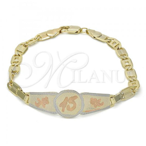 Oro Laminado ID Bracelet, Gold Filled Style Flower Design, Polished, Tricolor, 03.63.1938.1.07