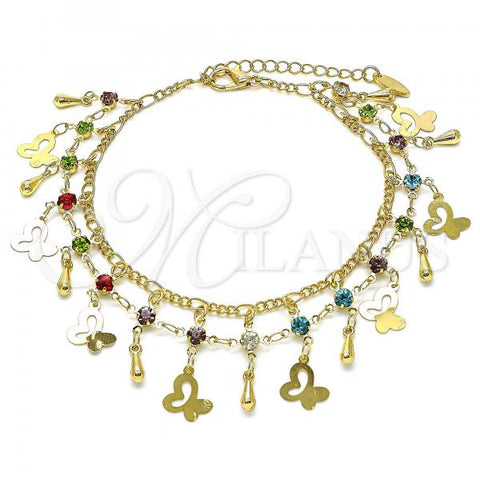 Oro Laminado Charm Anklet , Gold Filled Style Butterfly and Teardrop Design, with Multicolor Crystal, Polished, Golden Finish, 03.383.0020.10