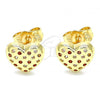 Oro Laminado Stud Earring, Gold Filled Style Heart Design, with Garnet and White Micro Pave, Polished, Golden Finish, 02.156.0490.1