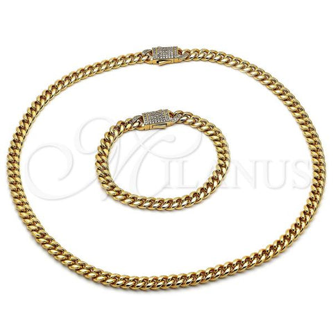 Stainless Steel Necklace and Bracelet, Miami Cuban Design, with White Crystal, Polished, Golden Finish, 06.116.0047