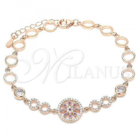 Sterling Silver Fancy Bracelet, Flower Design, with Ruby and White Cubic Zirconia, Polished, Rose Gold Finish, 03.369.0002.7.07