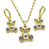 Oro Laminado Earring and Pendant Adult Set, Gold Filled Style Teddy Bear Design, with Black Cubic Zirconia and Ruby Micro Pave, Polished, Golden Finish, 10.196.0036.2