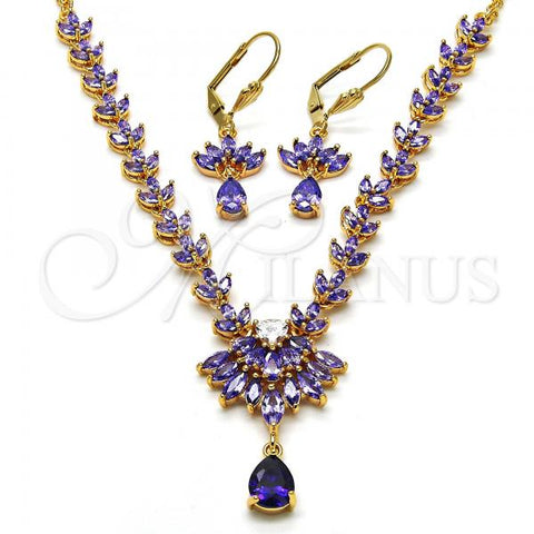 Oro Laminado Necklace and Earring, Gold Filled Style Teardrop and Leaf Design, with Amethyst and White Cubic Zirconia, Polished, Golden Finish, 06.236.0003.1