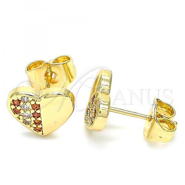 Oro Laminado Stud Earring, Gold Filled Style Heart Design, with White Micro Pave, Polished, Golden Finish, 02.156.0491.1