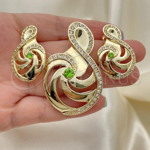 Oro Laminado Earring and Pendant Adult Set, Gold Filled Style Music Note Design, with Green and White Cubic Zirconia, Polished, Golden Finish, 10.59.0142
