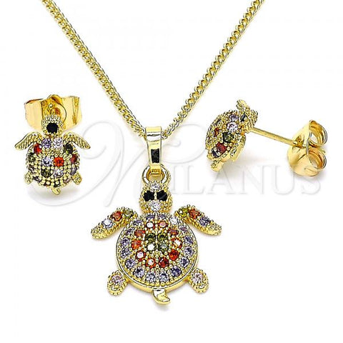 Oro Laminado Earring and Pendant Adult Set, Gold Filled Style Turtle Design, with Multicolor Micro Pave, Polished, Golden Finish, 10.284.0023.1