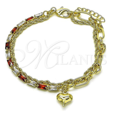 Oro Laminado Fancy Bracelet, Gold Filled Style Baguette and Heart Design, with Garnet and White Cubic Zirconia, Polished, Golden Finish, 03.213.0249.07
