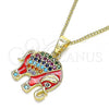 Oro Laminado Pendant Necklace, Gold Filled Style Elephant Design, with Multicolor Micro Pave, Red Enamel Finish, Golden Finish, 04.210.0054.1.20