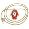 Oro Laminado Pendant Necklace, Gold Filled Style Hand of God and Evil Eye Design, with Multicolor Micro Pave and Black Cubic Zirconia, Red Enamel Finish, Golden Finish, 04.313.0051.20